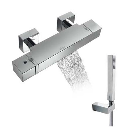 Mezclador termostático de baño ducha con cascada y equipo de ducha CUADRO-TRES cromado Ref: 1071749 . Tres